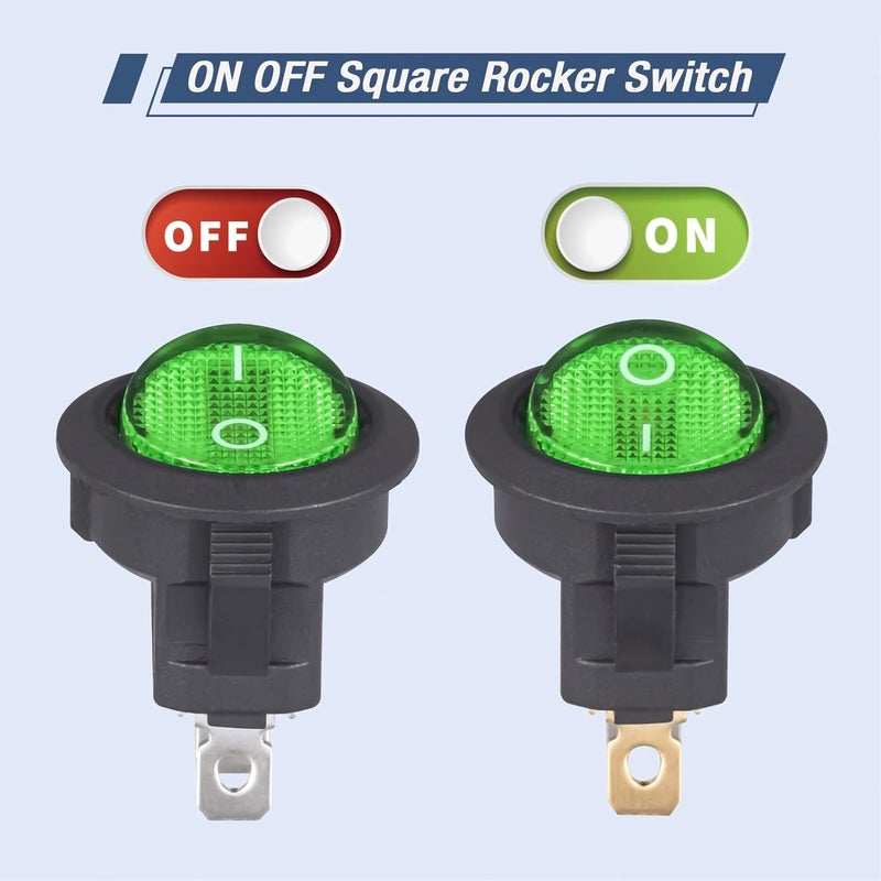 VEXUNGA Round Rocker Switch 12V 20A Green Light Iluminated Small Rocker Switch On Off 3 Pin Circle Square Toggles Switches for RV Car Truck Boat (Pack of 5pcs) - Image 4